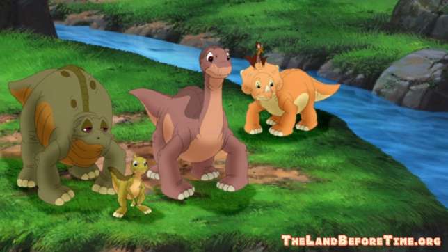 The Land Before Time Wallpaper Background Littlefoot Cera Ducky Petrie Spike on River Bank 2